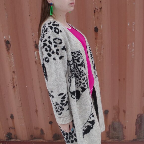 Leopard Print & Leopard Face On Women's Cardigan Sweater - Picture 6 of 6